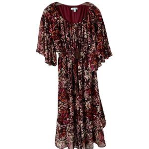 She + Sky Floral Flutter Sleeve Maxi Dress - Maroon - M